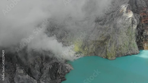 Drone view of Kawah Ijen crater in Banyuwangi Regency of East Java, Indonesia photo