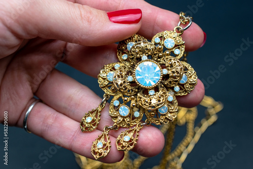 Unique retro necklace, vintage jewelry concept, promotional photo for an online jewelry store