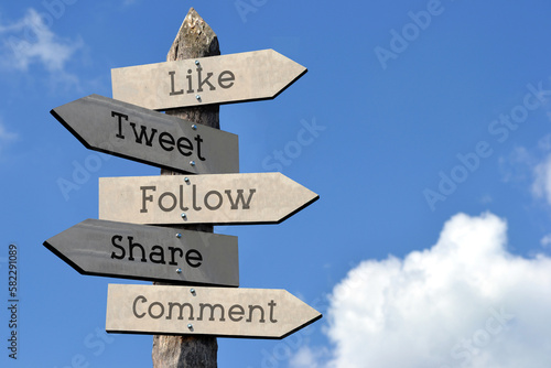 Like, tweet, follow, share, comment - wooden signpost with five arrows, sky with clouds