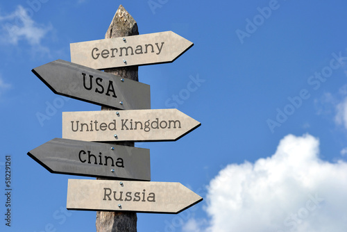 Germany, USA, United Kingdom, China, Russia - wooden signpost with five arrows, sky with clouds