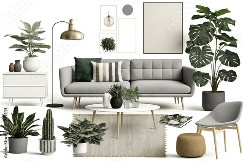 Scandinavian style interior design elements on white background living room moodboard.