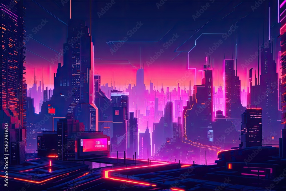 Future Industrial Cyberpunk Abstract Wallpaper. Future oriented idea. Pink Illustration of a metropolitan environment at night. Generative AI