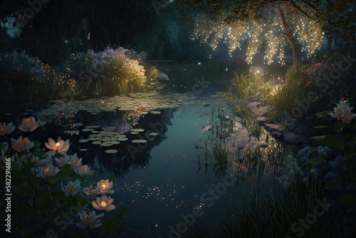 beautiful magical garden  with fireflies reflecting in the lake.