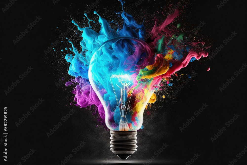Light bulb creative colored dust powder smoke splash explosion. Colorful electricity paint creativity concept idea. Ai generated Light bulb creative colored dust powder smoke splash explosion. Colorful electricity paint creativity concept idea. Ai generated