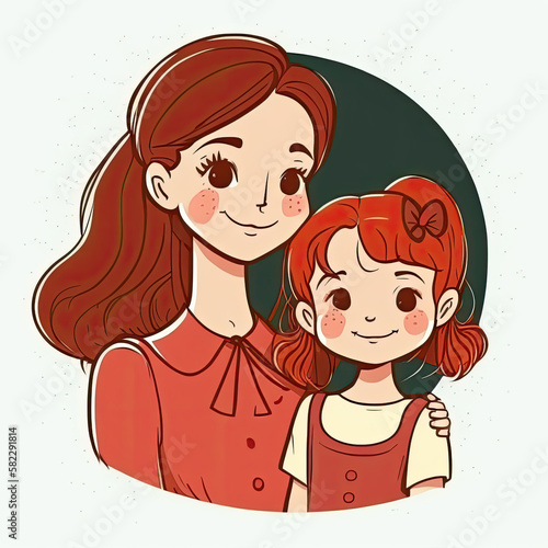Mother and Daughter Cartoon Illustration Generative AI.