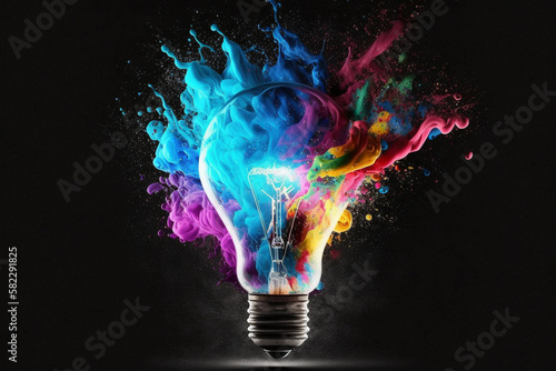 Light bulb creative colored dust powder smoke splash explosion. Colorful electricity paint creativity concept idea. Ai generated © dragomirescu