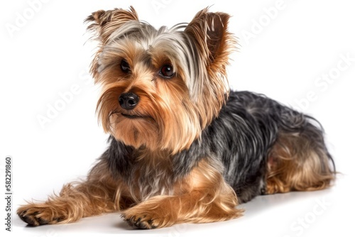 Canine yorkshire terrier over a white background, isolated. Generative AI © AkuAku