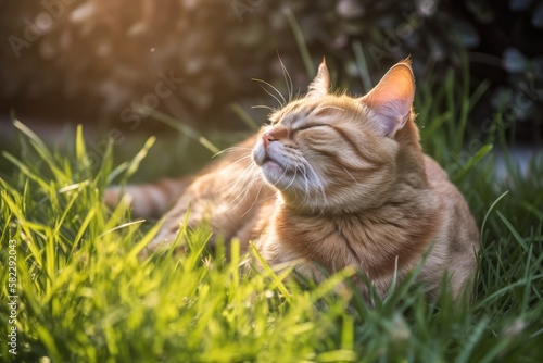 tan cat in the backyard. Generative AI © AkuAku