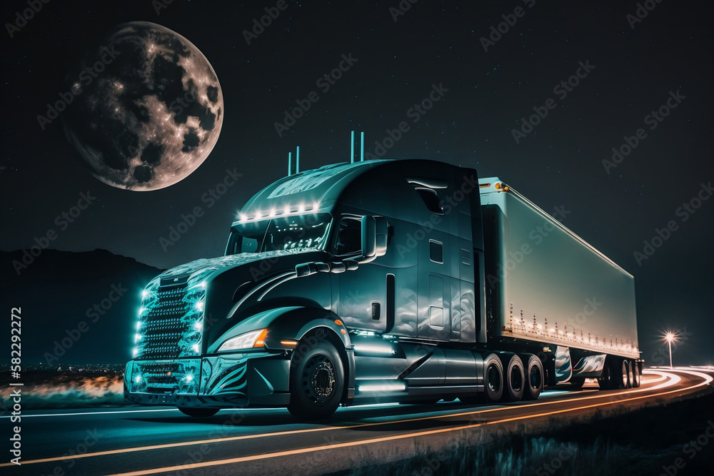 Futuristic Freight: Trucking on the Lunar Highway. Ai generative