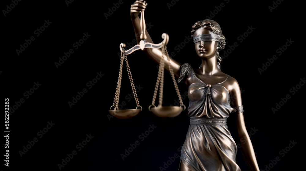 Bronze statue of Themis, Goddess of Justice holding Law Scales. Copy space. Based on Generative AI Bronze statue of Themis, Goddess of Justice holding Law Scales. Copy space. Based on Generative AI