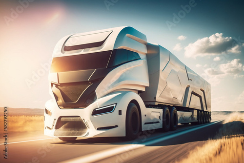 Future Freight: Autonomous Truck on a Sunlit Highway. Generative ai © Andrii
