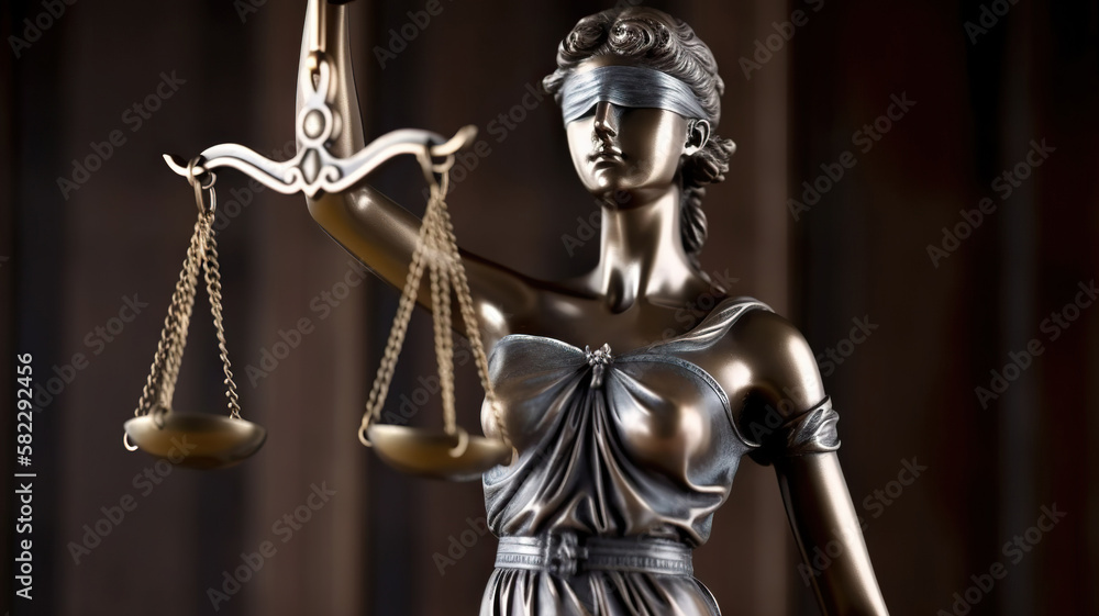 Bronze statue of Themis, Goddess of Justice holding Law Scales. Copy space. Based on Generative AI Bronze statue of Themis, Goddess of Justice holding Law Scales. Copy space. Based on Generative AI