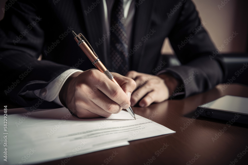 Businessman with pencil signing papers created with AI Businessman with pencil signing papers created with AI