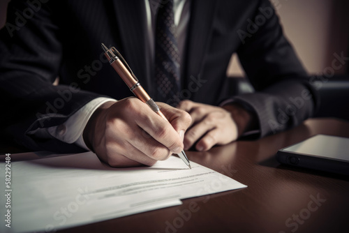 Businessman with pencil signing papers created with AI