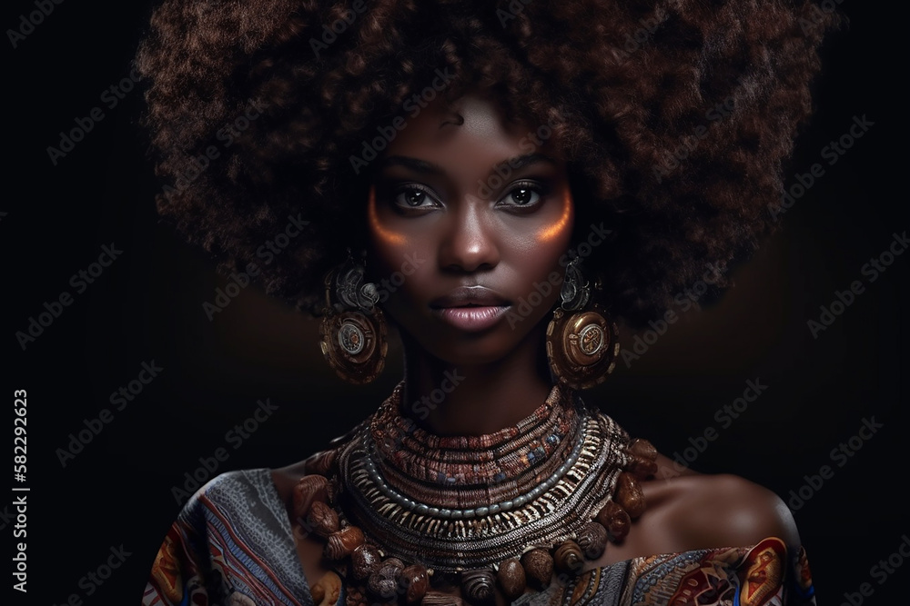 Fictitious afro model with chocolate color skin and puff hair style. AI generated image Stock