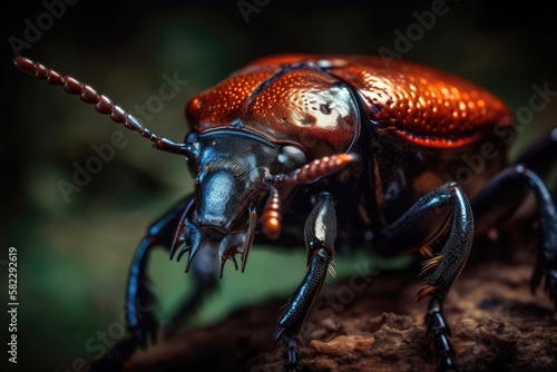 Stag beetle head (Lucanus cervus) in macro against a dark background. Generative AI © AkuAku