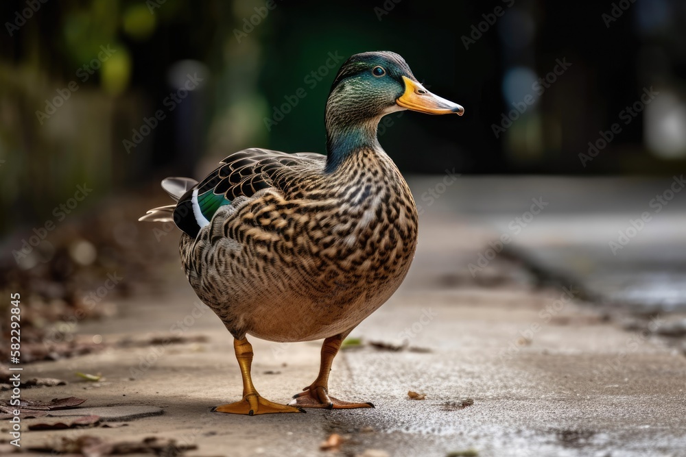 A Mallard duck standing on a rural sidewalk and acting normally. Generative AI A Mallard duck standing on a rural sidewalk and acting normally. Generative AI