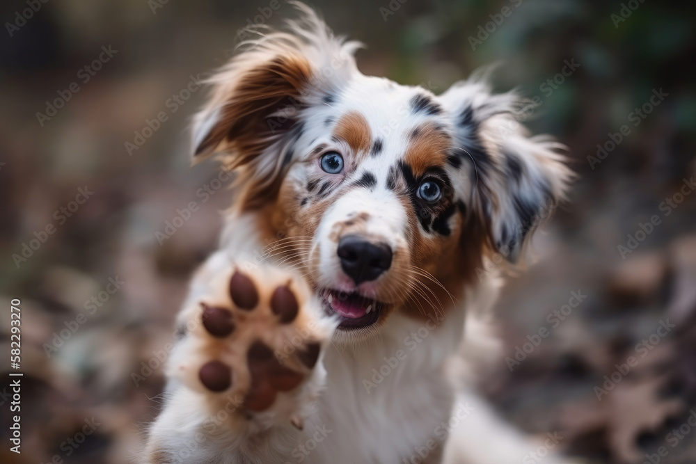 Cute puppy of australian shepherd giving high five created with AI Cute puppy of australian shepherd giving high five created with AI