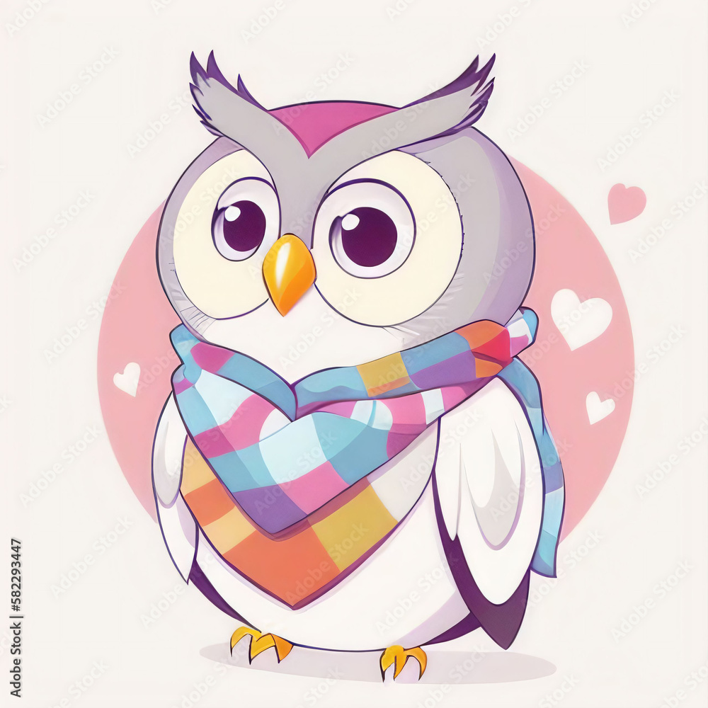 a cute painting of a owl in a scarf on white background, great sticker, ai generated