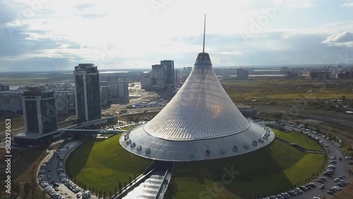 ASTANA, KAZAKHSTAN - Khan Shatyr is a giant transparent tent in Astana. Shopping center. The 150m-high tent has a 200m elliptical base covering 140,000 square metres (aerial view) photo