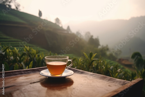 Cup of hot tea and tea leaf on the wooden table and the tea plantations in the background created with AI	