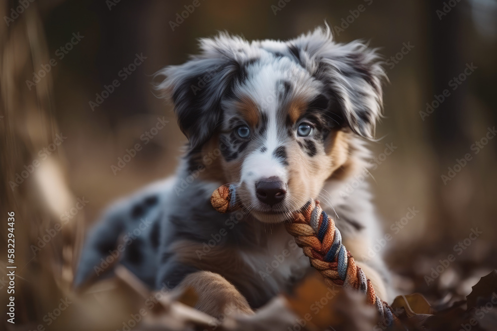 Fototapeta premium Cute puppy of australian shepherd holding a toy created with AI 