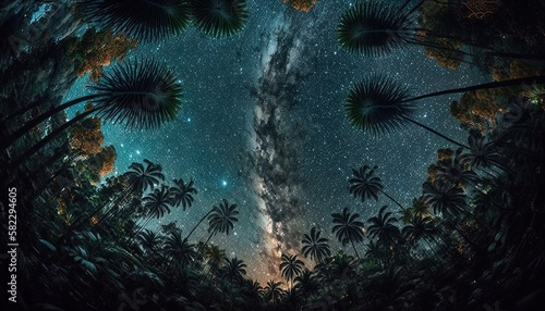 Night sky with stars and milky way over rain tropical forest trees silhouettes.