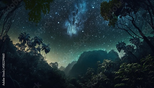 Night sky with stars and milky way over rain tropical forest trees silhouettes.