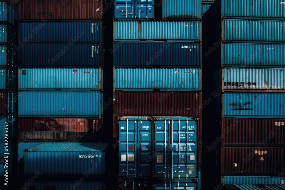 Fototapeta premium Freight blue containers in a harbor created with AI 