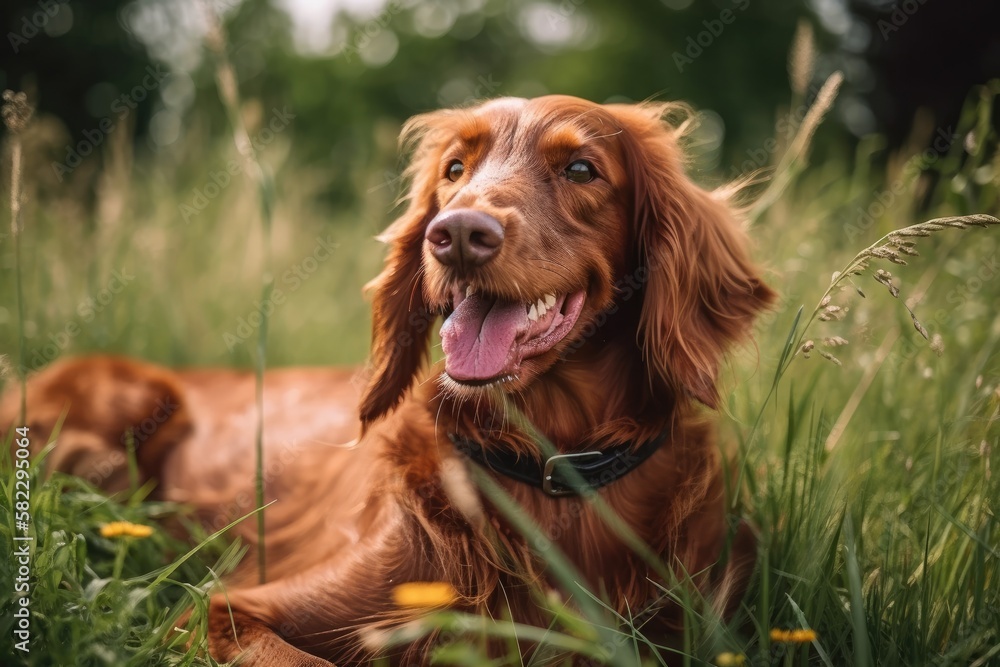 Cute, content Irish Setter pet dog displaying his tongue while lounging in the grass. Generative AI Cute, content Irish Setter pet dog displaying his tongue while lounging in the grass. Generative AI