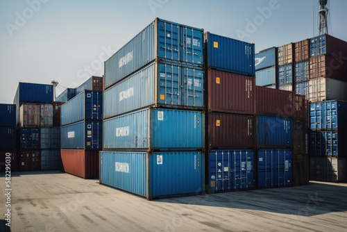 Freight blue containers in a harbor created with AI 