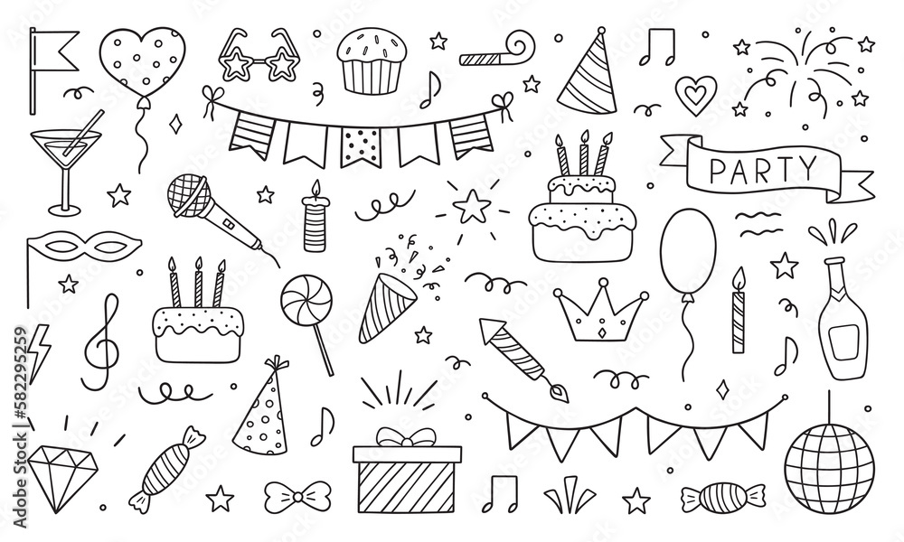 Set of party doodle. Sketch of Birthday decoration, gift box, cake, party hats in sketch style. Hand drawn vector illustration isolated on white background. Set of party doodle. Sketch of Birthday decoration, gift box, cake, party hats in sketch style. Hand drawn vector illustration isolated on white background.