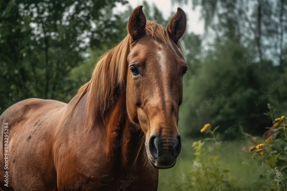 Obraz premium A horse is an animal that belongs to the equids' equine family and is a tamed form of the wild horse. Generative AI