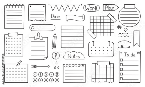 Hand drawn bullet journal doodle. Set of notes, ribbons, frames, stickers for bullet journal, notebook, diary and planner. Vector illustration isolated on white background.