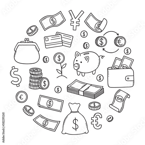 Money and finance doodle set. Dollar Banknotes, coins, money bag in sketch style. Banking related elements. Vector illustration isolated on white background.