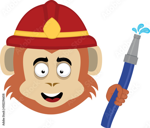 vector illustration face of a cartoon monkey animal with a fireman helmet and a hose in hand with drops of water