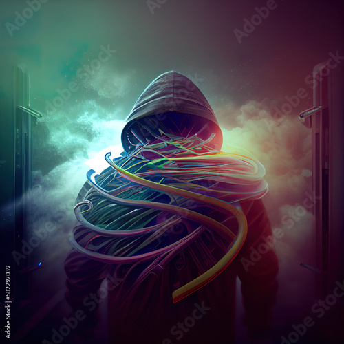 hooded man with electric cables on his body. Social media or internet addiction mental health conceptAi generated photo