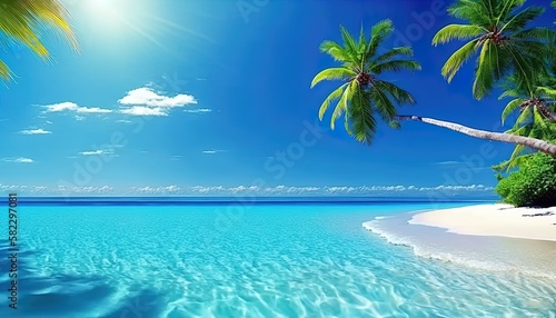 Azure tropical coast beach background with palm trees, blue summer cloud sky landscape of beautiful sea shore beach © Marina