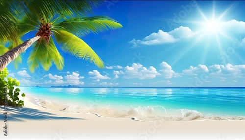 Azure tropical coast beach background with palm trees  blue summer cloud sky landscape of beautiful sea shore beach