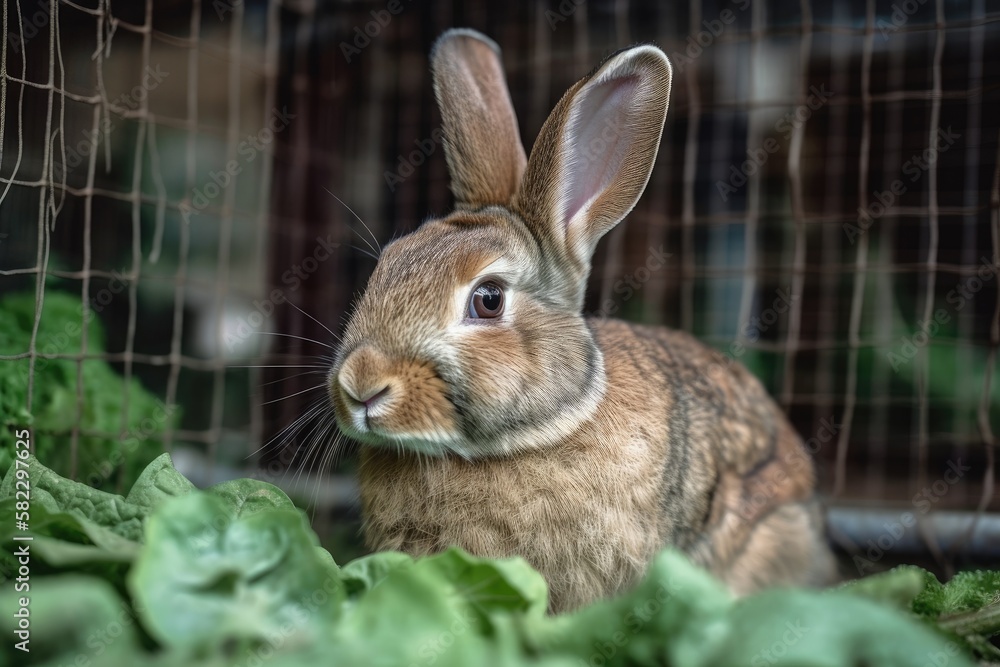 Fototapeta premium Domesticated brown rabbit with ling ears munches on a lettuce leaf while sitting in a cage on the green grass. Generative AI
