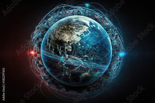 World connected by the internet planet earth with wires. Generative AI