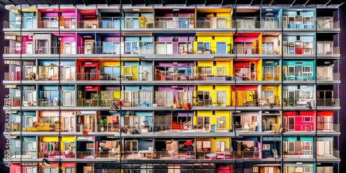 Appartmenthaus Bürohaus Abstrakt Surreal Frontalansicht Horizontal bei Tag Generative AI Digital Art Illustration Kunst Hintergrund Background Cover Kunst 
