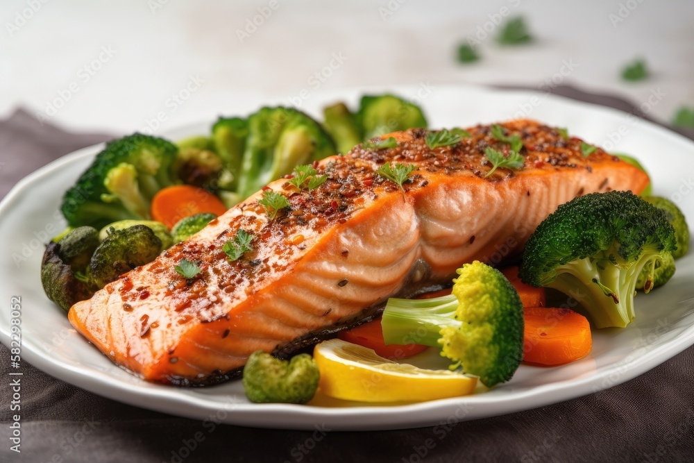 Baked salmon fillet with a veggie mixture of broccoli and white backdrop. Generative AI Baked salmon fillet with a veggie mixture of broccoli and white backdrop. Generative AI