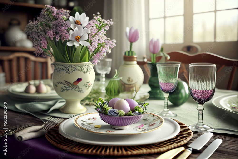 spring Table - coloful eggs, Blossoms In Sunny Garden.Generative AI spring Table - coloful eggs, Blossoms In Sunny Garden.Generative AI