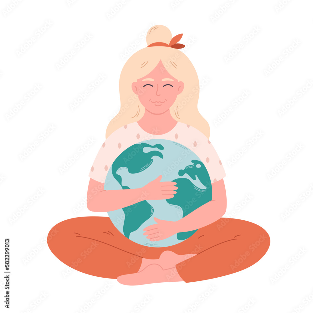 Woman hugging Earth globe. Earth Day, saving planet, nature protect, ecological awareness. Hand drawn vector illustration Woman hugging Earth globe. Earth Day, saving planet, nature protect, ecological awareness. Hand drawn vector illustration