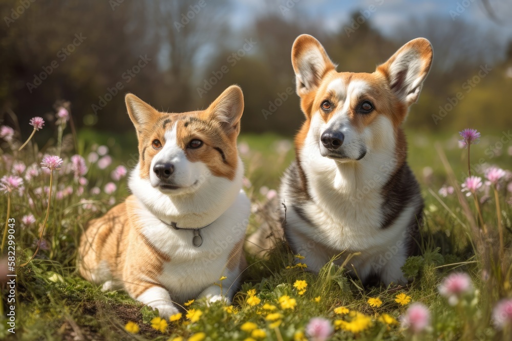 A corgi dog and a tabby cat, two adorable fluffy companions, are sitting together in a bright spring meadow. Generative AI