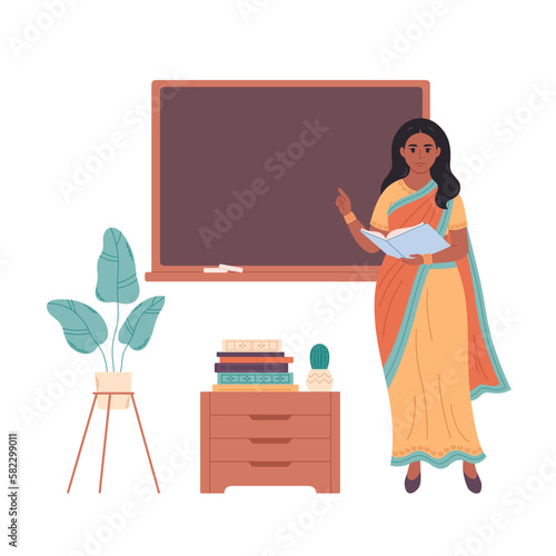 Indian female teacher at classroom near blackboard. Education, lecture and lesson at school. Vector illustration in flat style