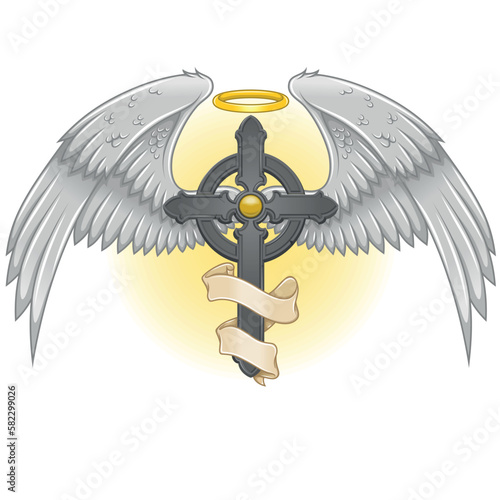 Vector design of winged cross with ribbon, heavenly cross with wings, Christian symbology of paradise