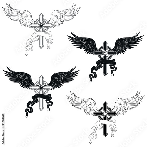 Vector design of winged cross with ribbon, heavenly cross with wings, Christian symbology of paradise