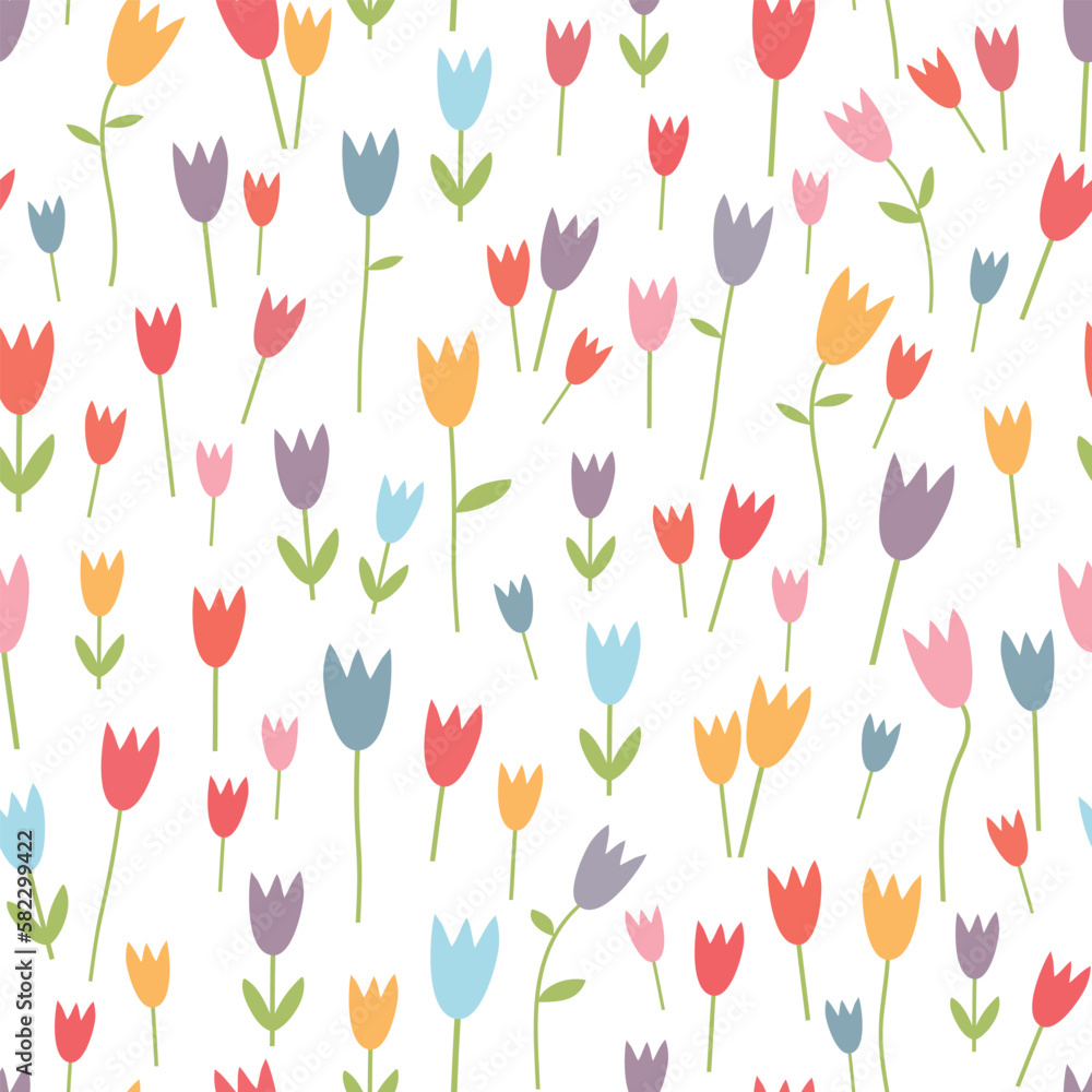 Obraz premium Floral seamless pattern. Spring background with blooming tulips. Vector illustration. It can be used for wallpapers, wrapping, cards, patterns for clothes and other.